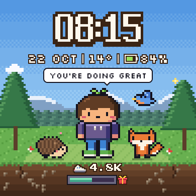 The Pip watch face with Pip, a hedgehog, a fox and a bird in a forest