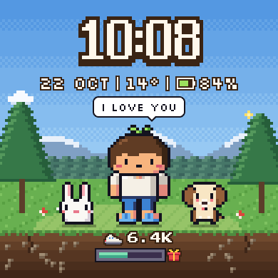 Pip watch face: a pixel character in a forest with a bunny and a puppy, the time 10:08 and a speech bubble saying I love you